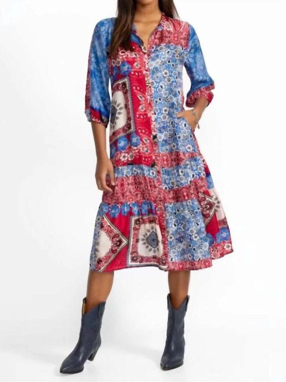 Boho Patchwork Midi Dress in Red & Blue